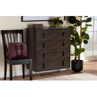 Baxton Studio CH8005-Dark Brown-4DW Chest Baxton Studio Baldor Modern and Contemporary Dark Brown Finished Wood and Rose Gold Finished Metal 4-Drawer Bedroom Chest